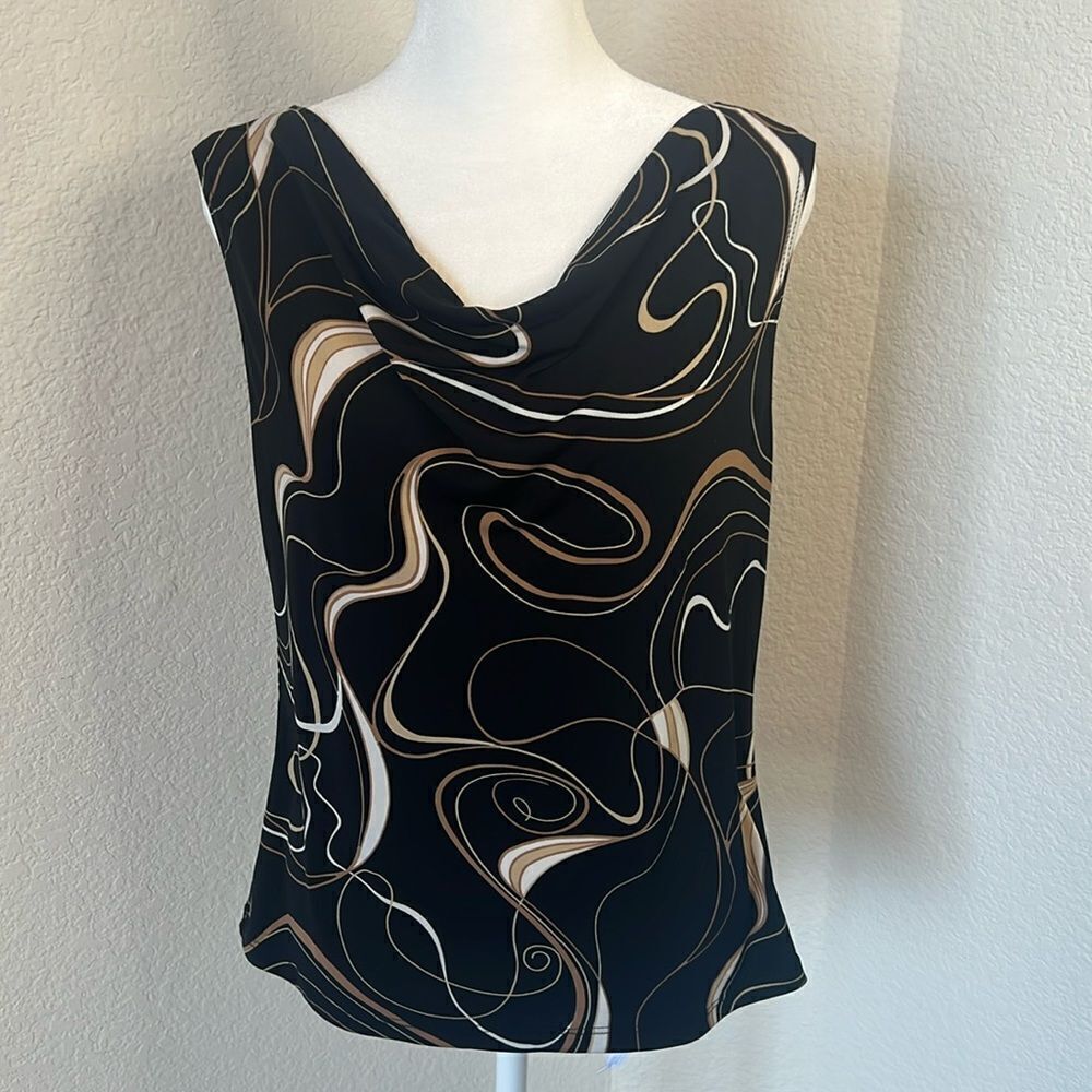 JK LA California Sleeveless Drape Neck Shaped Abstract Print Shell ~ Size Medium
